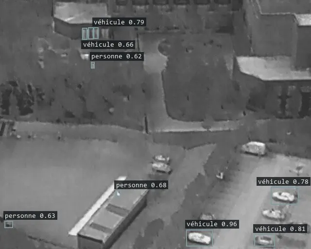 Sortie réelle du détecteur thermique AITHREN sur une image publique de nuit : personnes et véhicules encadrés avec leur score