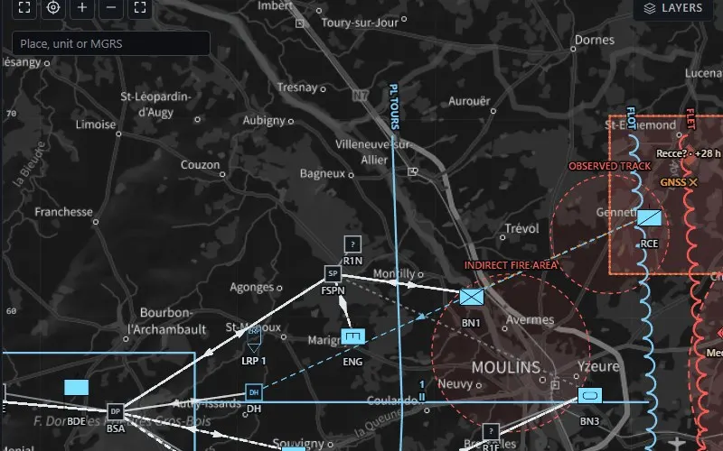 AITHREN Knarr, fictitious sector map: units, logistics nodes, flows, threat areas and observed routes