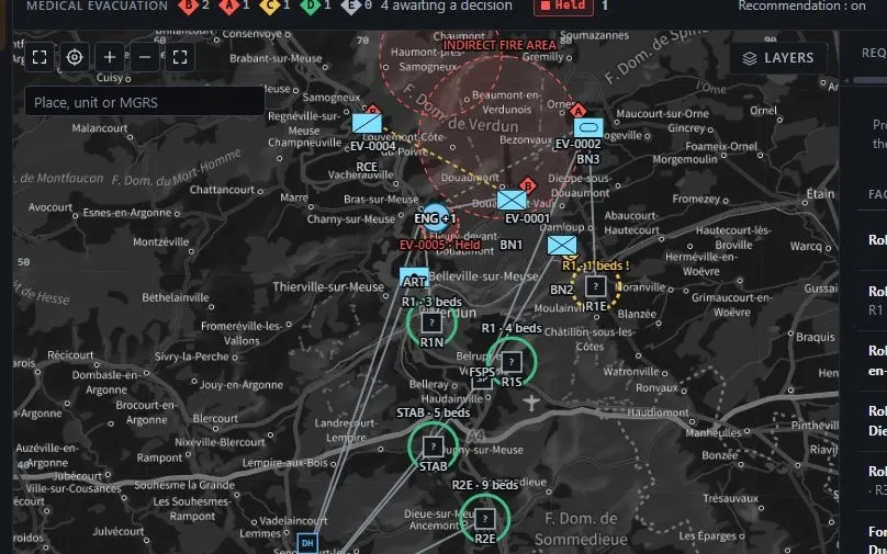 AITHREN Eira, Voie Sacrée map: treatment facilities, evacuation requests and indirect fire area