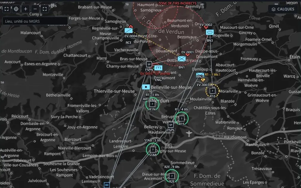 AITHREN Eira, carte de la Voie Sacrée : formations sanitaires, demandes d’évacuation et zone de tirs indirects