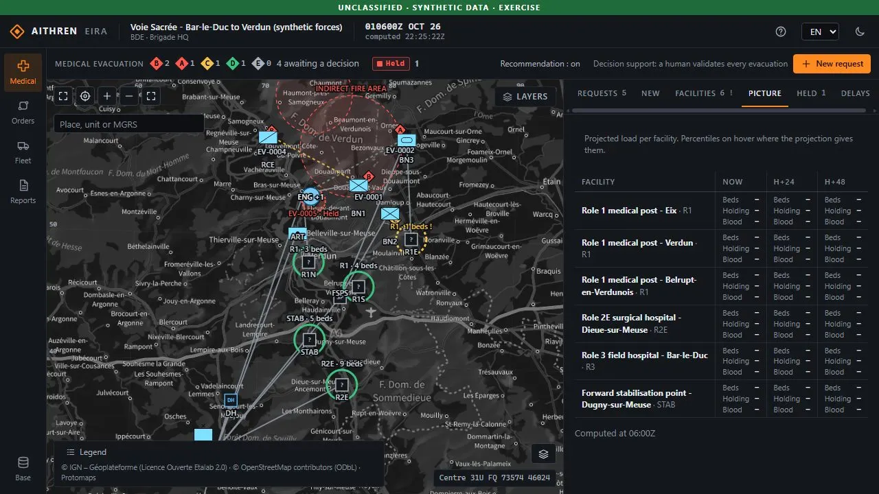 AITHREN Eira, medical picture: pending evacuations and projected load of treatment facilities on the Voie Sacrée map